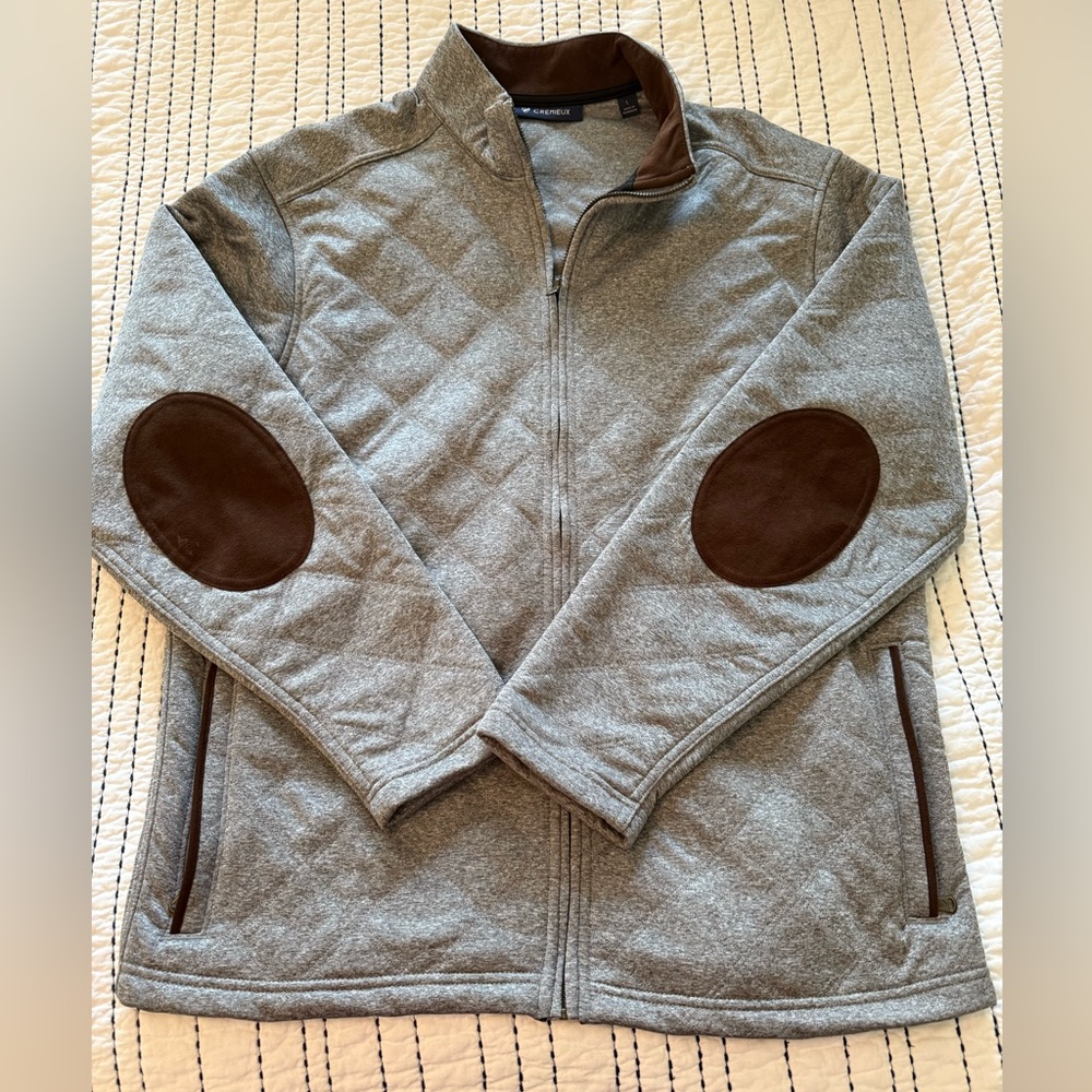 Cremieux Gray Quilted Jacket with Brown Elbow Patches size Large